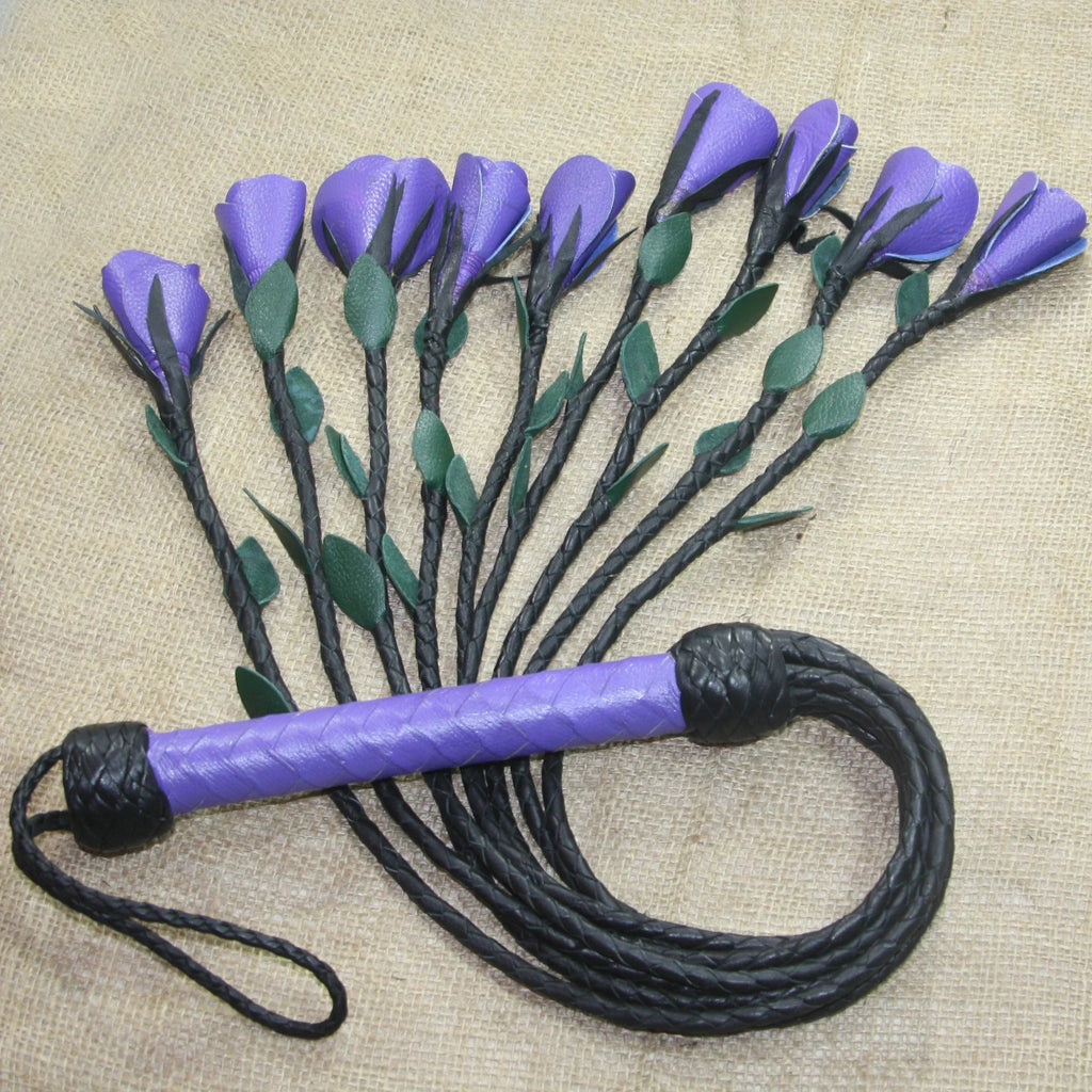Leather Flogger 9 Braided Falls & Purple Roses Handcrafted BDSM Flogger by Leather Bond