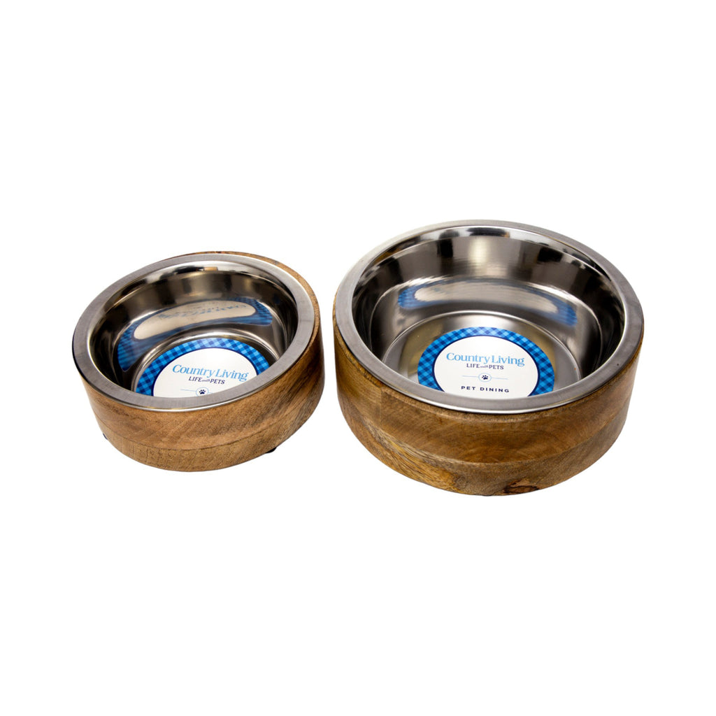 Country Living Stainless Steel Dog Bowl with Cylindrical Mango Wood Holder