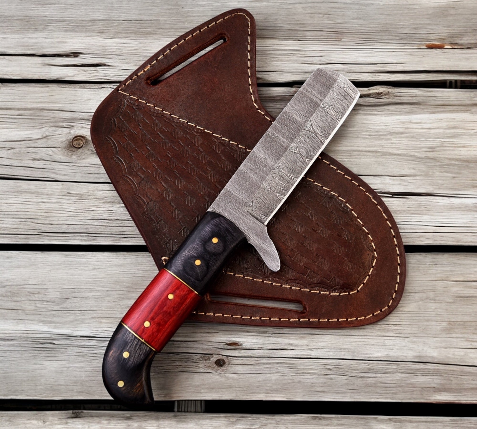 CowBoy Bull Cutter Knife Forged Damascus Steel Knife With Leather Sheath - PhishStones Products