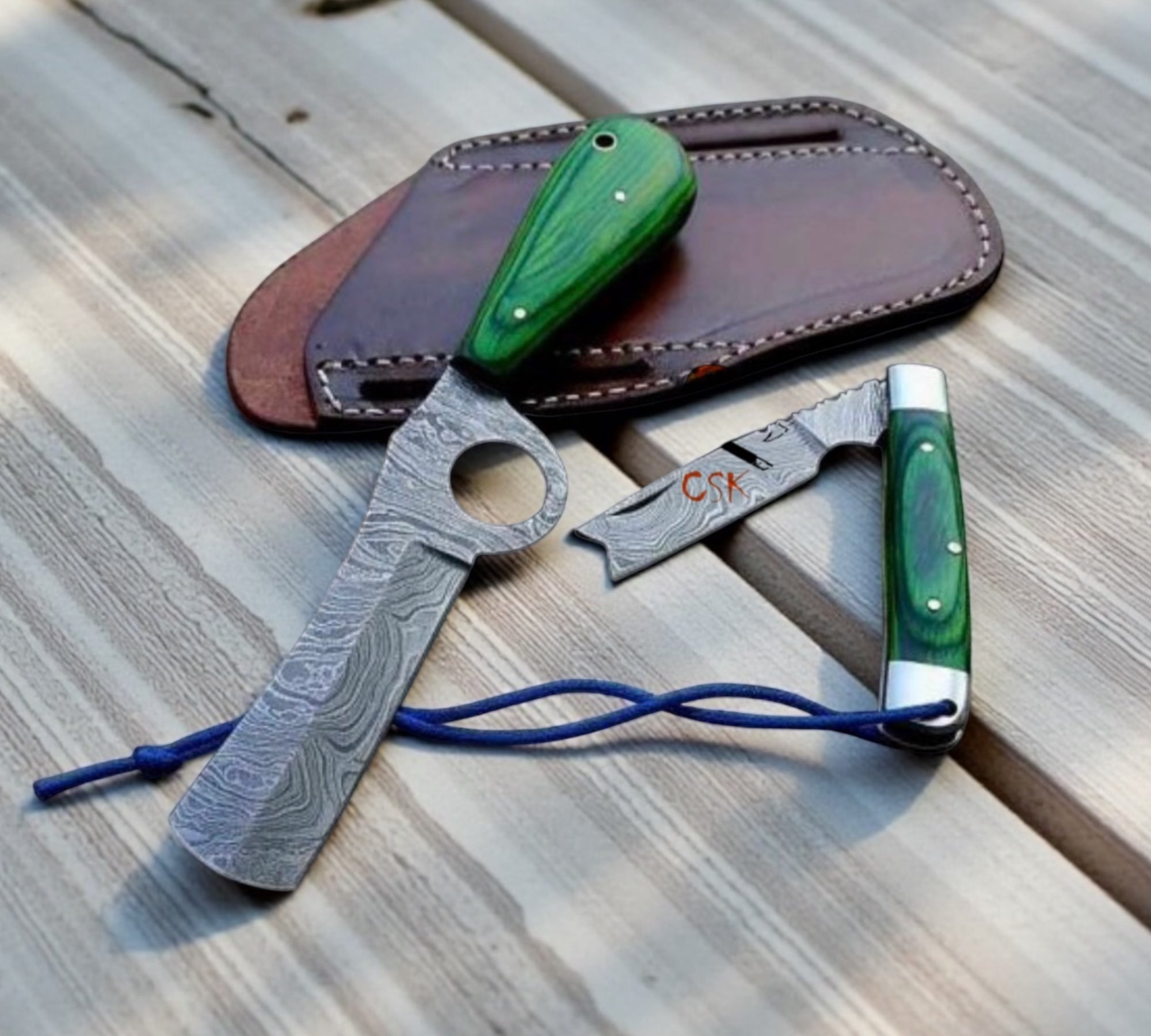 Cowboy Bull Cutter Knives Set - Handmade Damascus Blades & CrossDraw Sheath - PhishStones Products