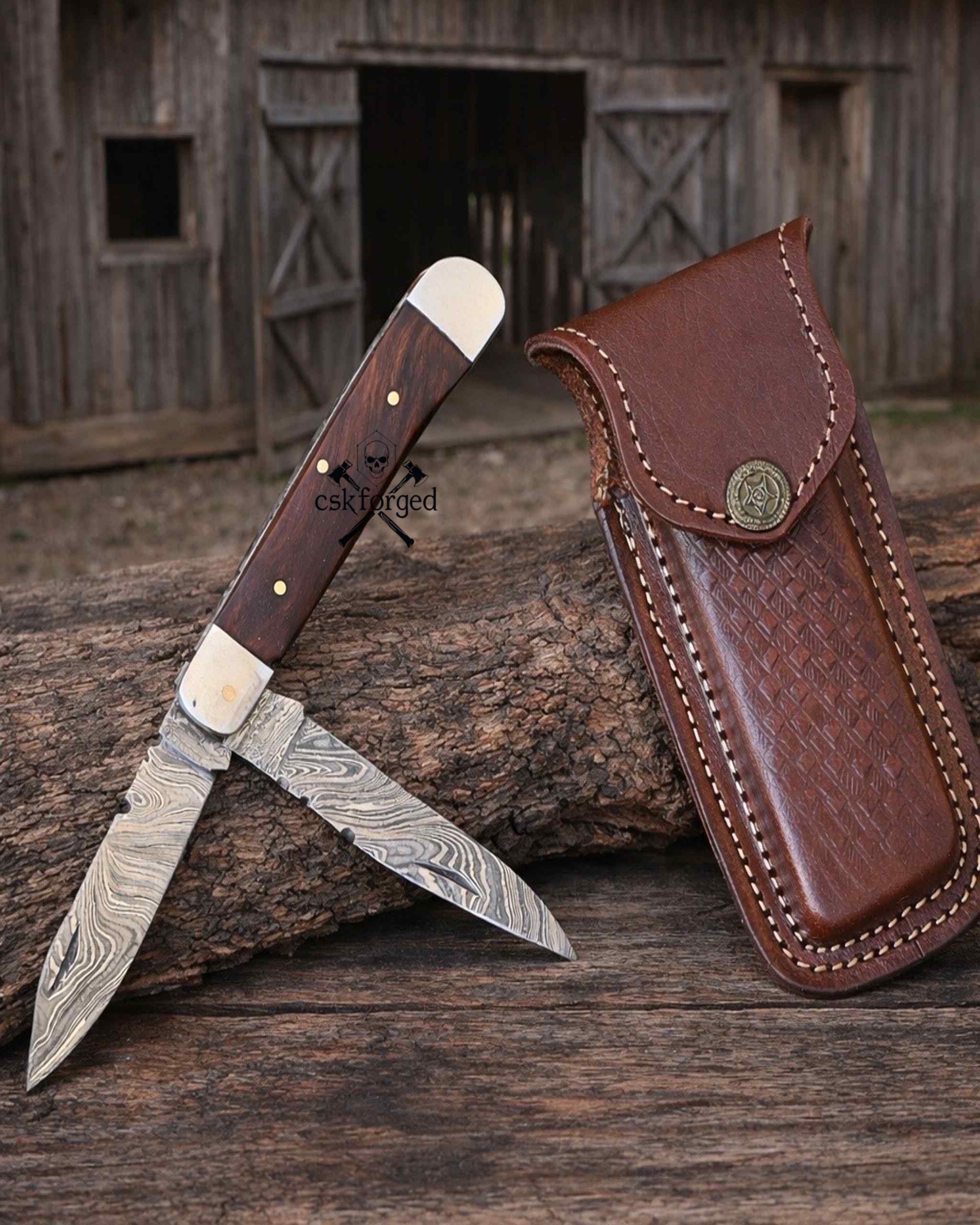Cowboy Folding Knife – Damascus Steel Trapper Pocket Knife Rosewood - PhishStones Products