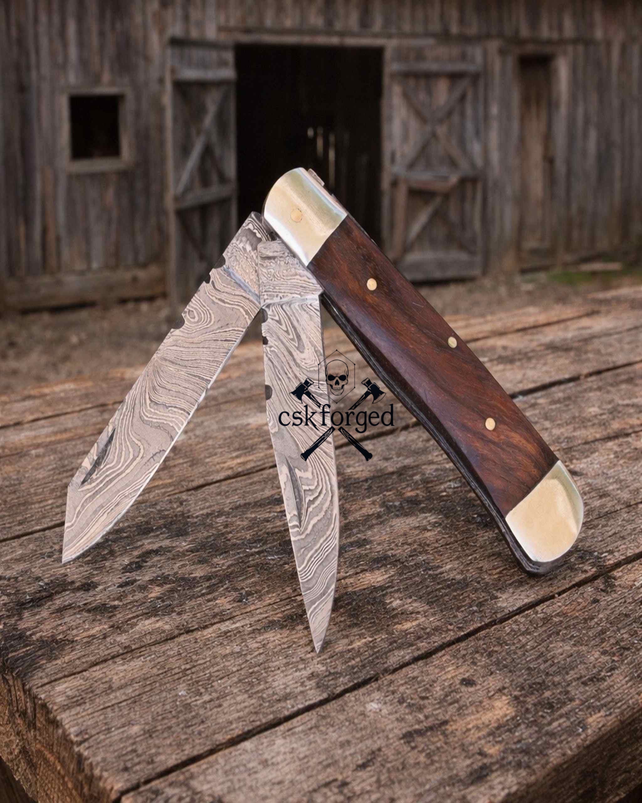 Cowboy Folding Knife – Damascus Steel Trapper Pocket Knife Rosewood - PhishStones Products