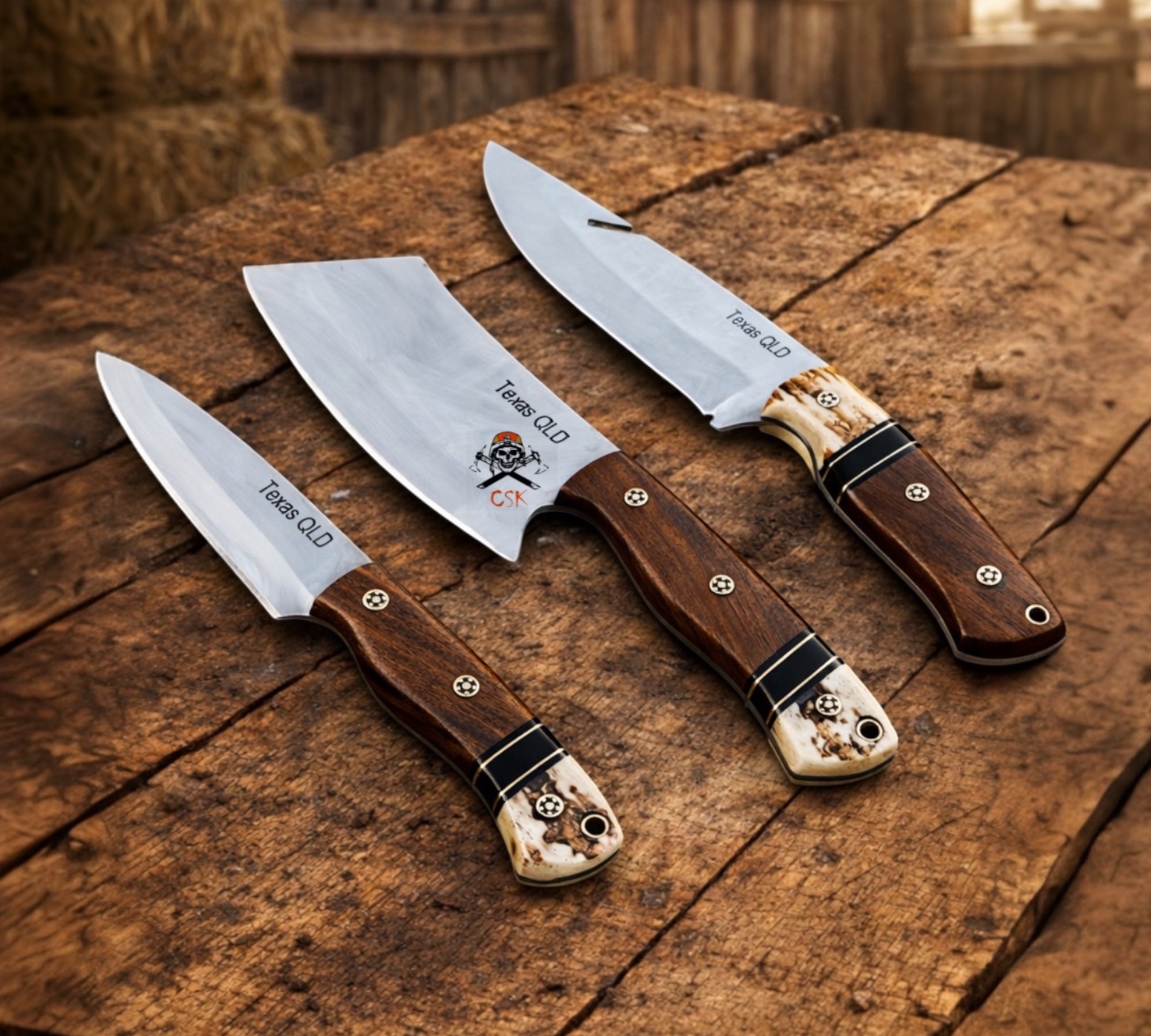 Cowboy Hunting Set – D2 Steel Blades Rosewood & Antler Handle With Belt Kit - PhishStones Products