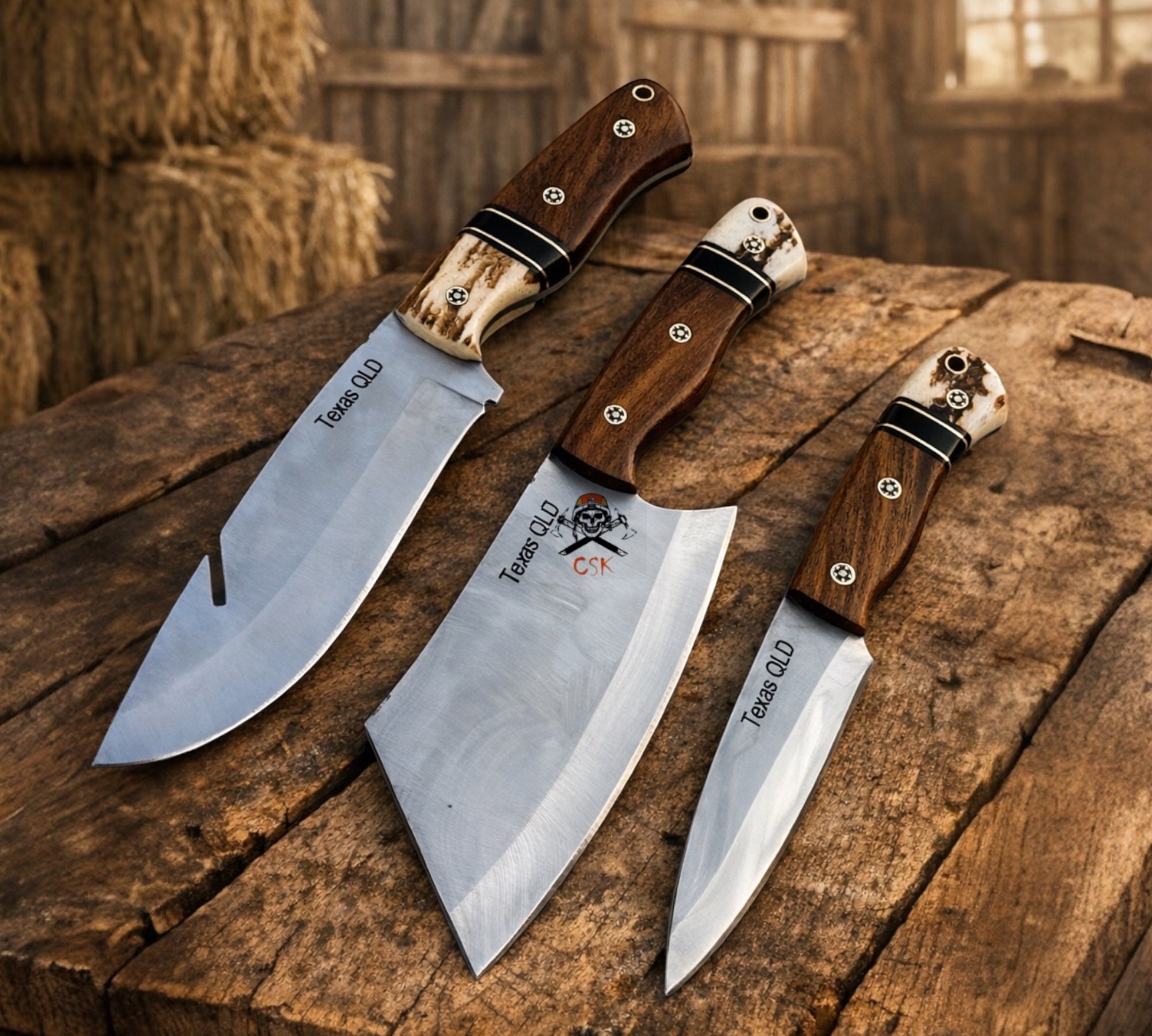 Cowboy Hunting Set – D2 Steel Blades Rosewood & Antler Handle With Belt Kit - PhishStones Products