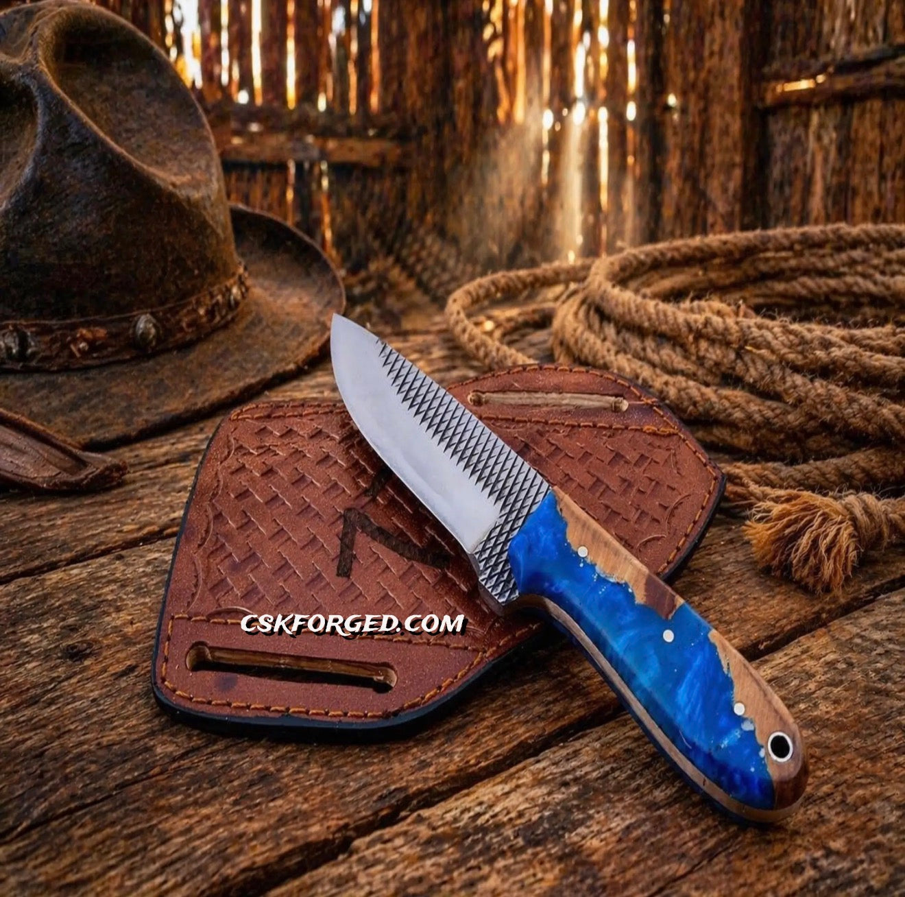 Cowboy Knife Rasp Steel Blade Epoxy Resin Handle Pancake Sheath - PhishStones Products