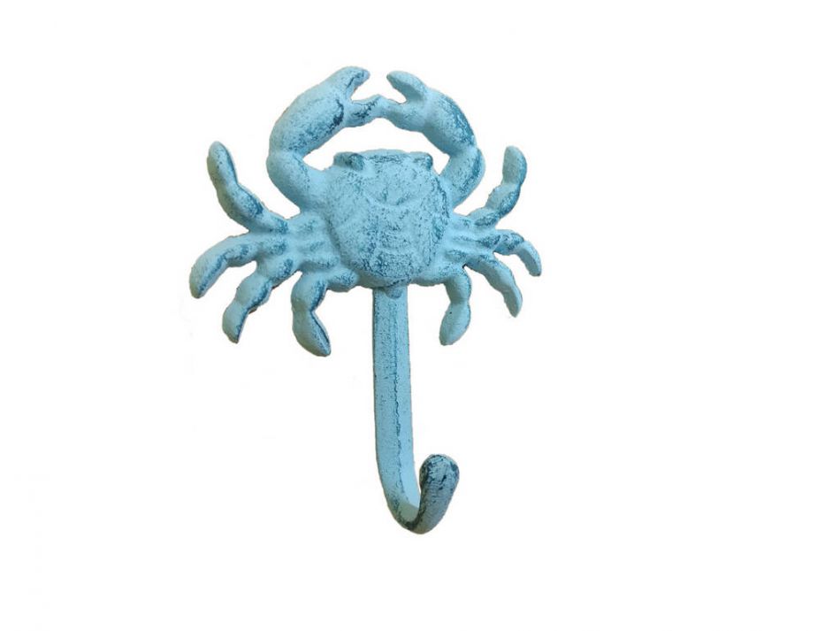 Rustic Blue Whitewashed Cast Iron Wall Mounted Crab Hook 5""
