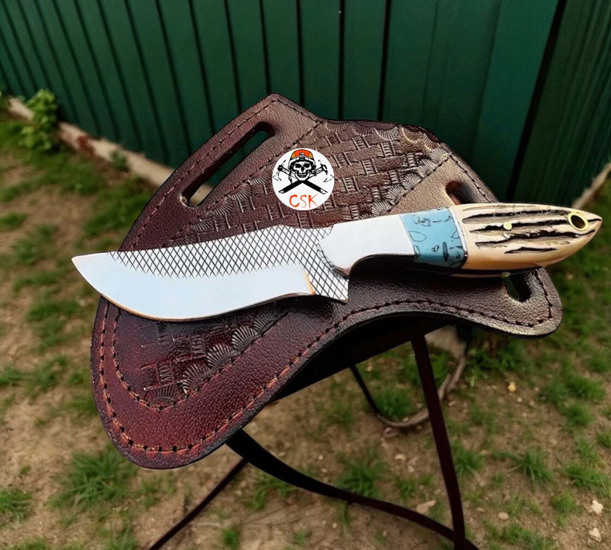 Cross Draw Sheath Hunting Knife With Rasp Steel & Antler Handle - PhishStones Products