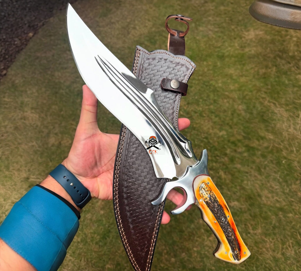 Csk Best Replica Knife - 16" J2 Steel Blade with Camel Bone Handle & Leather Case - PhishStones Products