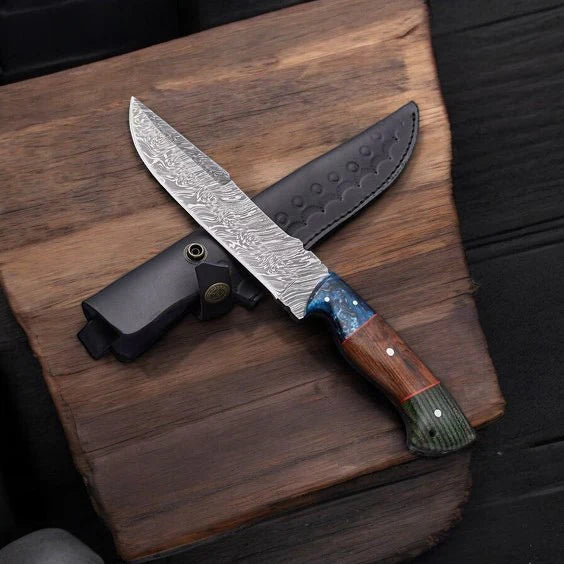Custom Handmade Boar Hunter Knife – 12" Damascus Steel with Leather Sheath - PhishStones Products