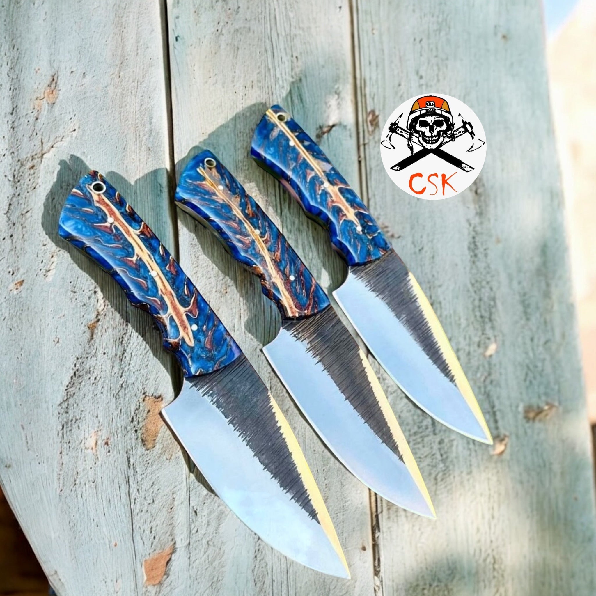 Custom Handmade Fixed Blade Knife – 8" High - Carbon Steel Blade with Epoxy Pine - Cone Handle - PhishStones Products