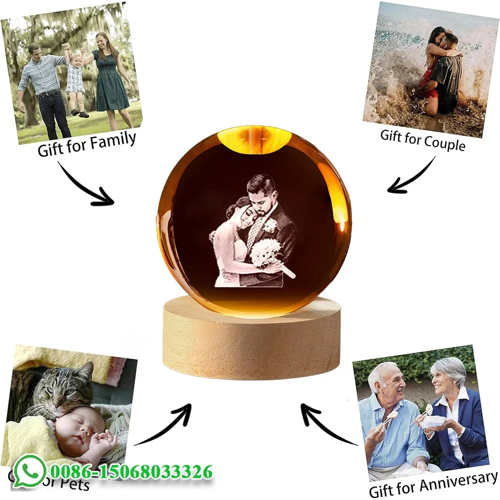 Custom Photo Crystal Ball LED Night Light - Personalized Bedroom, Wedding & Pet Keepsake Gift - PhishStones Products