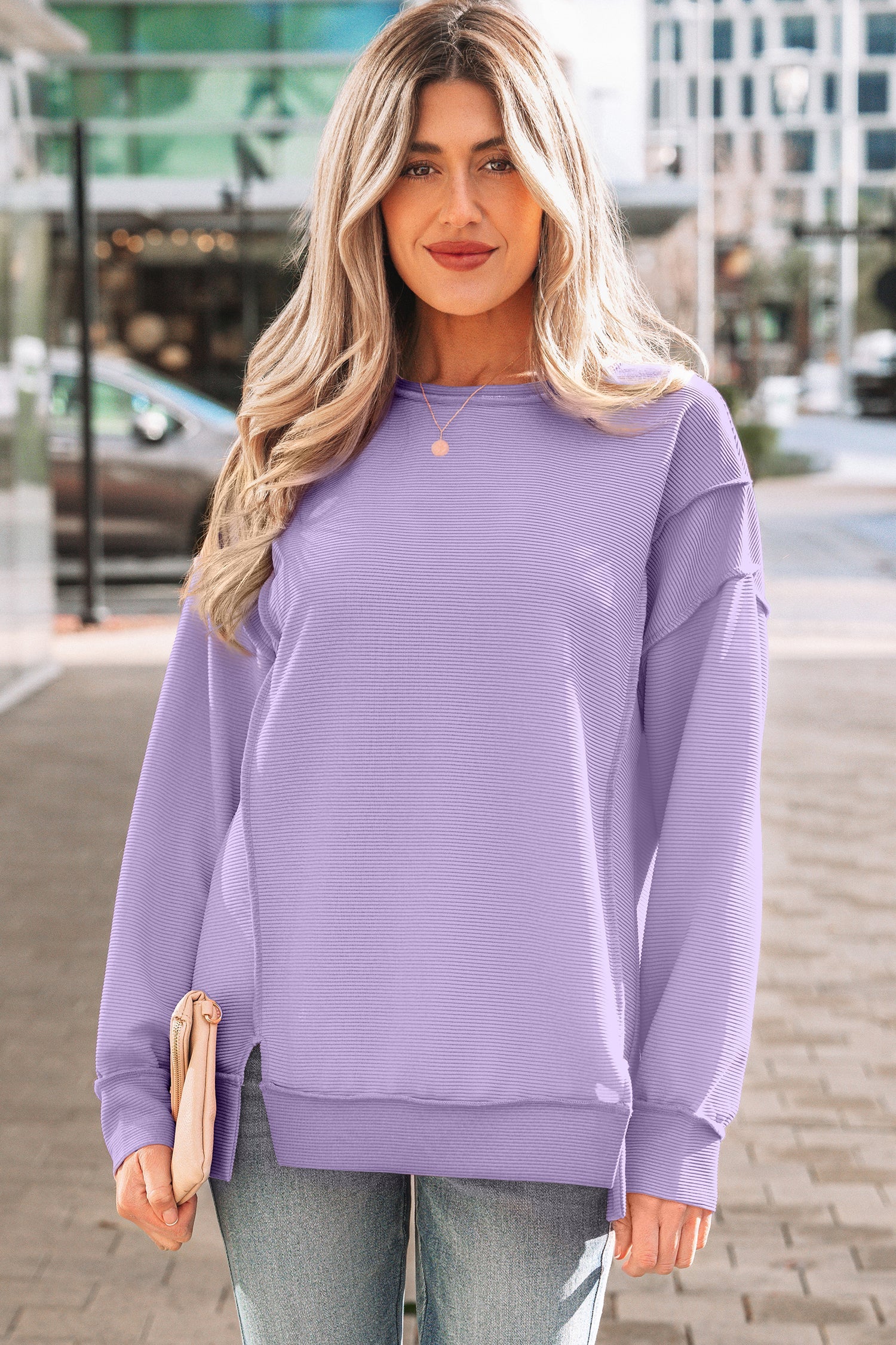 Sea Green Horizontal Ribbed Exposed Seam Detail Drop Shoulder Baggy Pullover