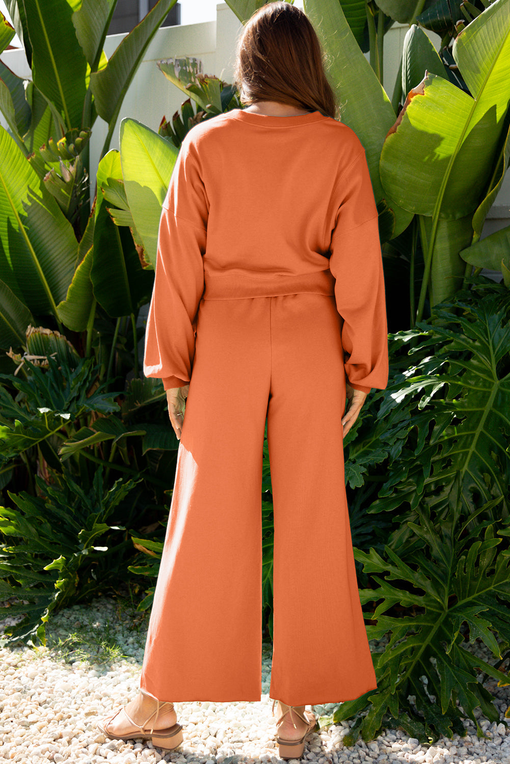 Mist Blue Drop Shoulder Puff Sleeve Crop Pullover Drawstring Wide Leg Pants Set