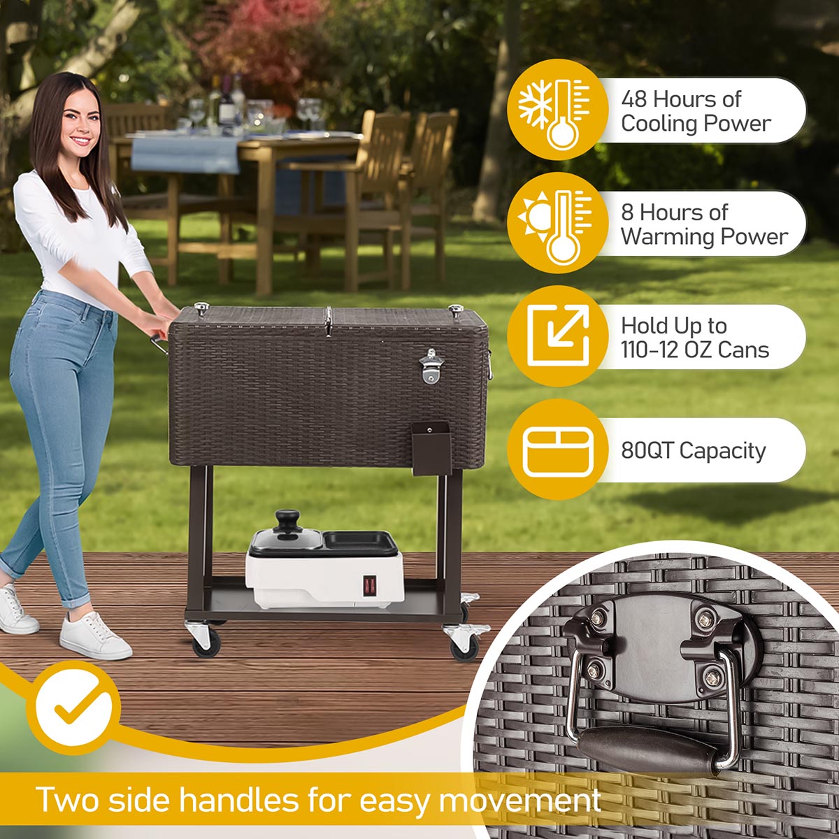 Yescom 80QT Wicker Cooler Cart Beverage Cart on Wheels
