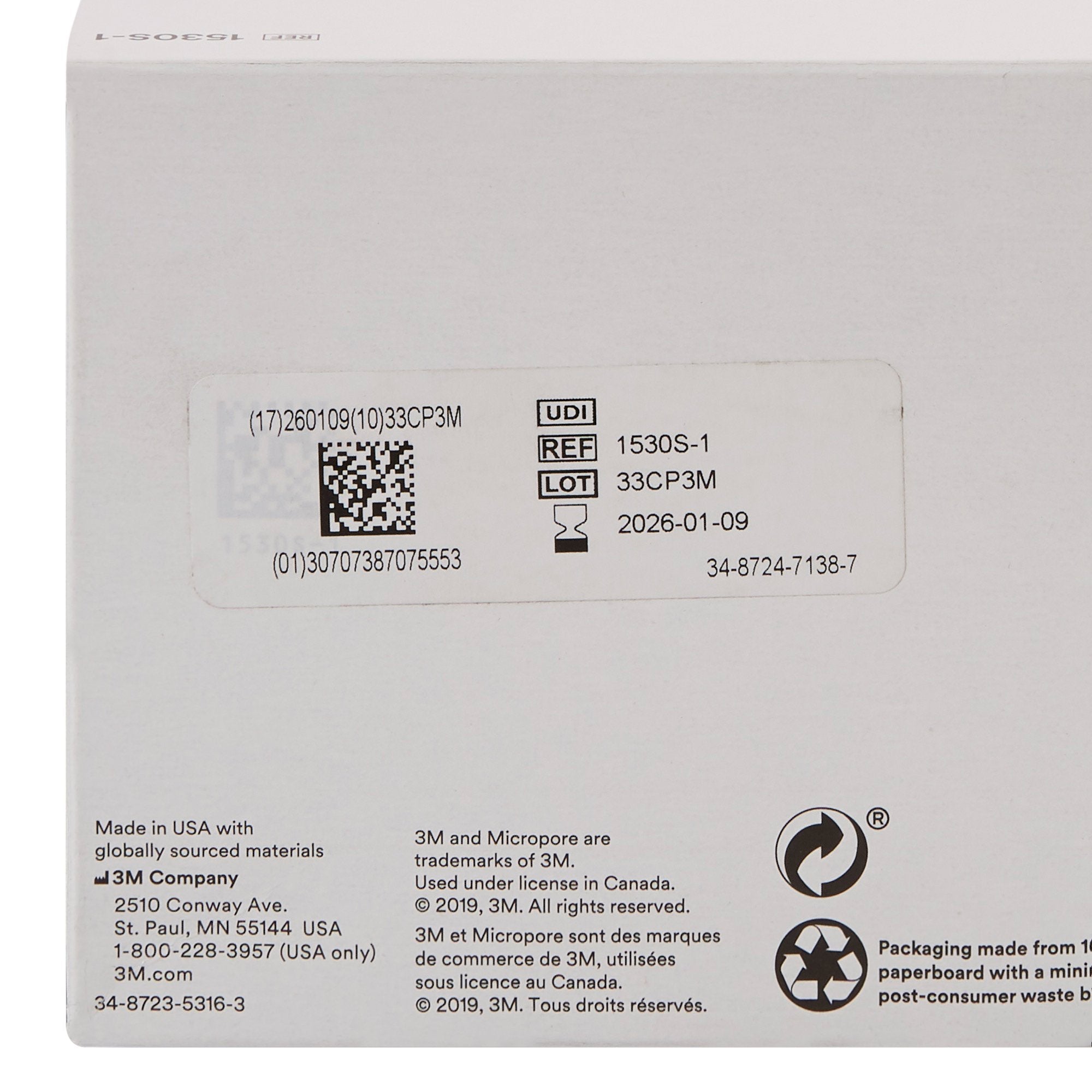 3M™ Micropore™ Paper Medical Tape, 1 Inch x 1-1/2 Yard, White 1530S-1
