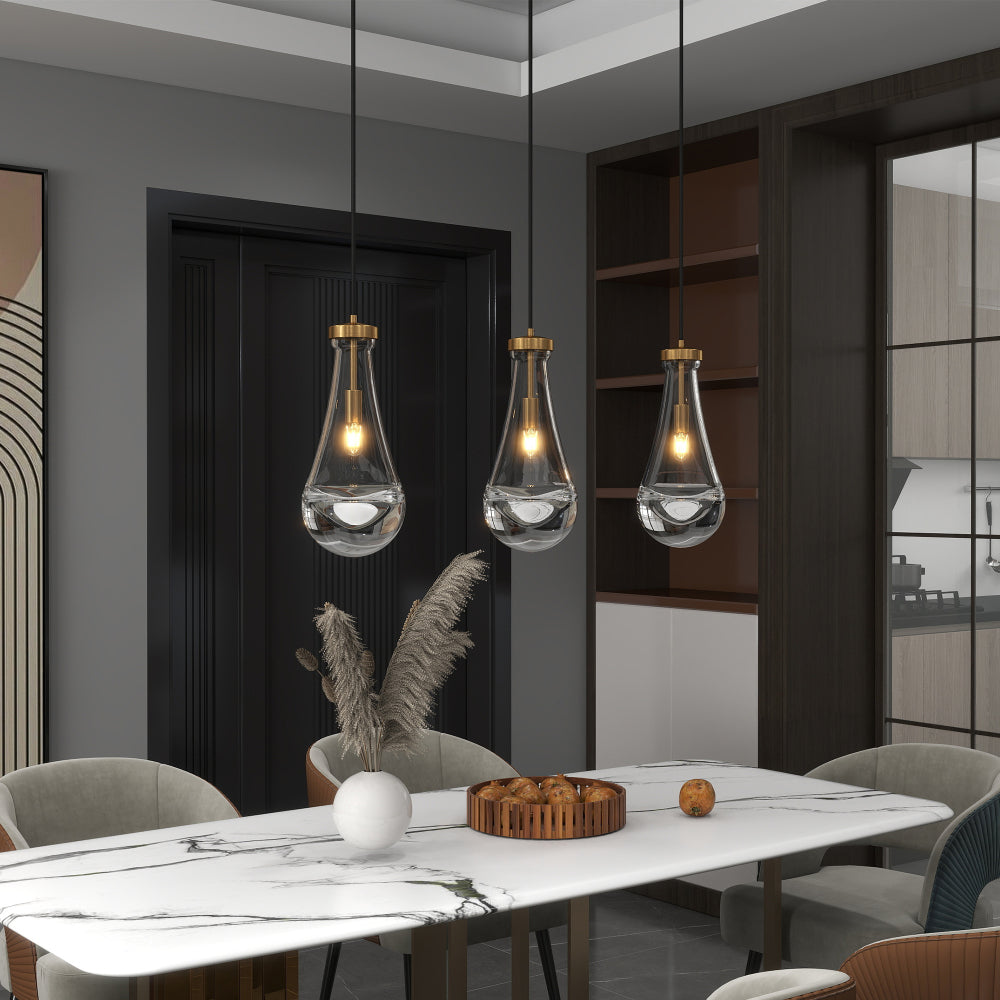 Raindrop Pendant Light – Hand-Blown Clear Glass Shade & Brass/Black Rod | Kitchen Island, Dining Room & Entryway