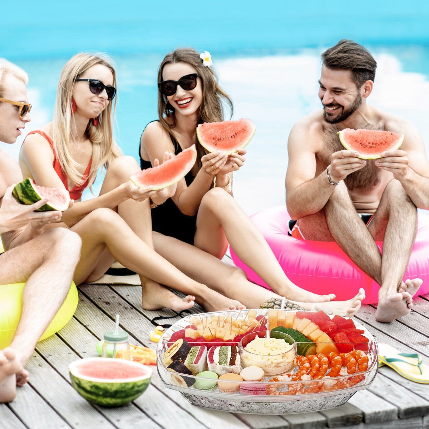 Fruit Ice Serving Tray Chilled Veggie Tray Shrimp Cocktail Serving Dish Appetizer Party Serving Platter Cold Food Buffet Server with Lid and 4 Compart