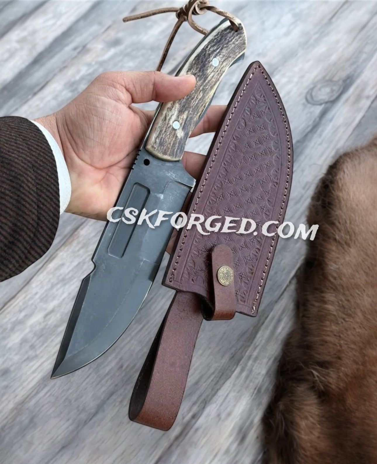 D2 Steel Hunting & Survival Knife Antler Handle - PhishStones Products
