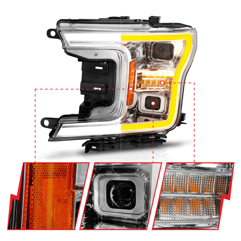 ANZO 18-20 Ford F-150 (w/o Fctry LED) Full LED Proj Headlights w/Light Bar Swtchbk Seq. Chrome w/Int 111571