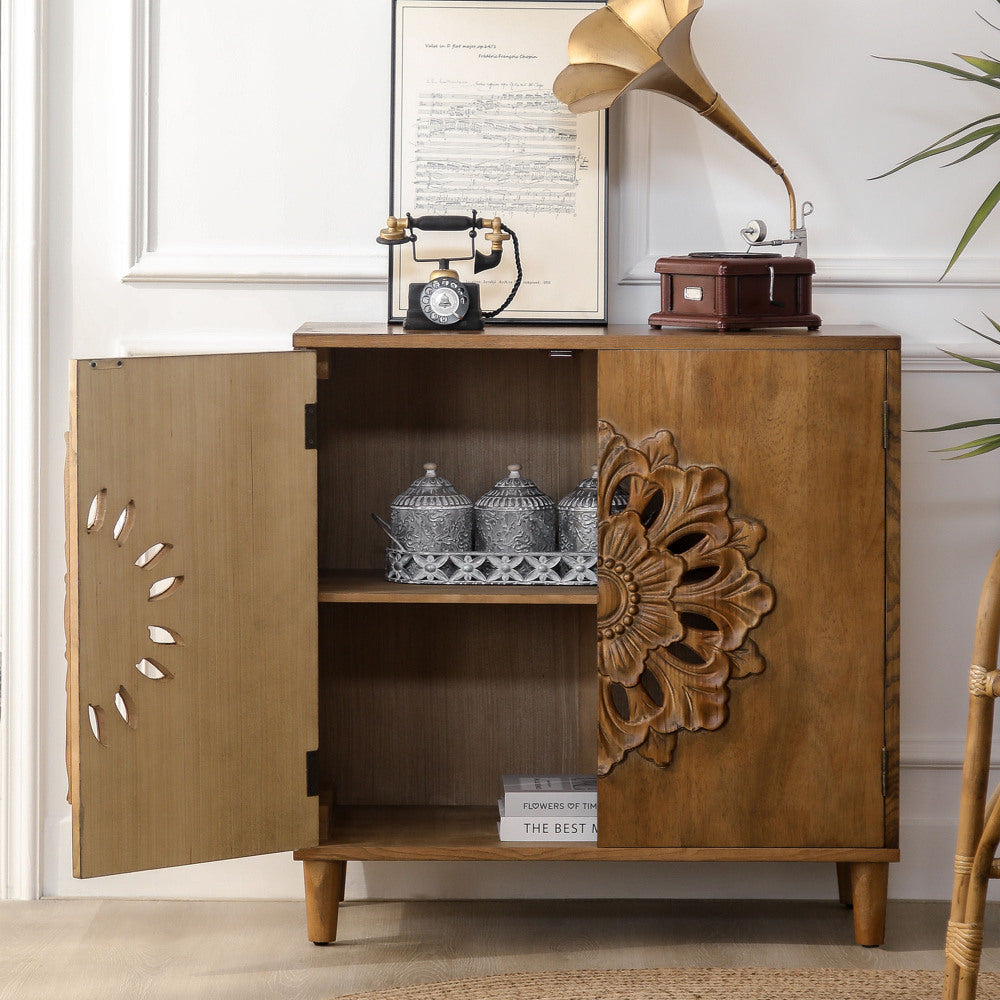Rustic Hand-Carved 2-Door Accent Cabinet Boho Floral Storage Sideboard with Solid Wood Legs