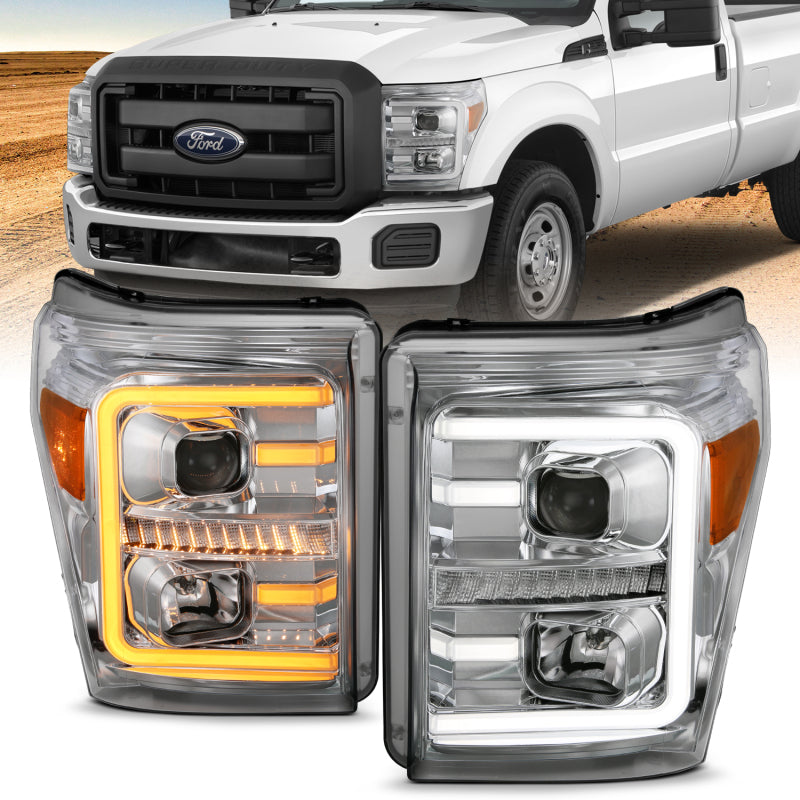 ANZO 11-16 Ford F-250/F-350/F-450 Projector Headlights w/ Plank Style Switchback Chrome w/Amber 111407