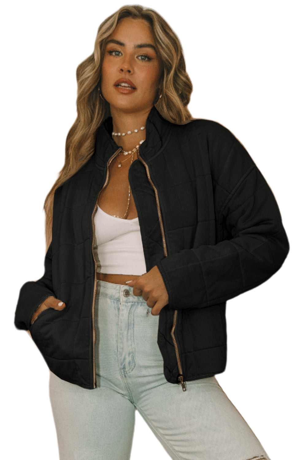 Khaki Zip-Up Pocket Quilted Jacket