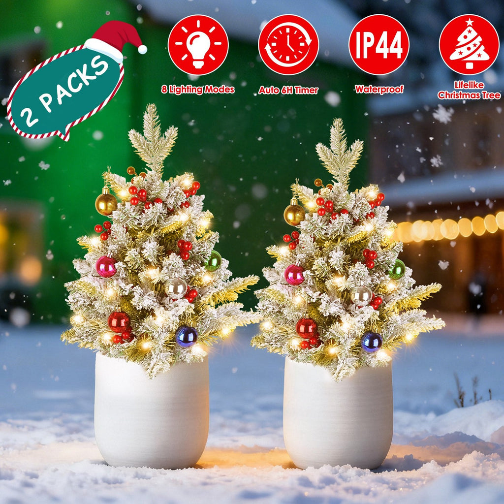 2Pcs Battery Powered Lighted Christmas Tree Urn Filler With Light Artificial Xmas Trees Light with Berries Balls LED Pathway Pine Tree IP44 Waterproof
