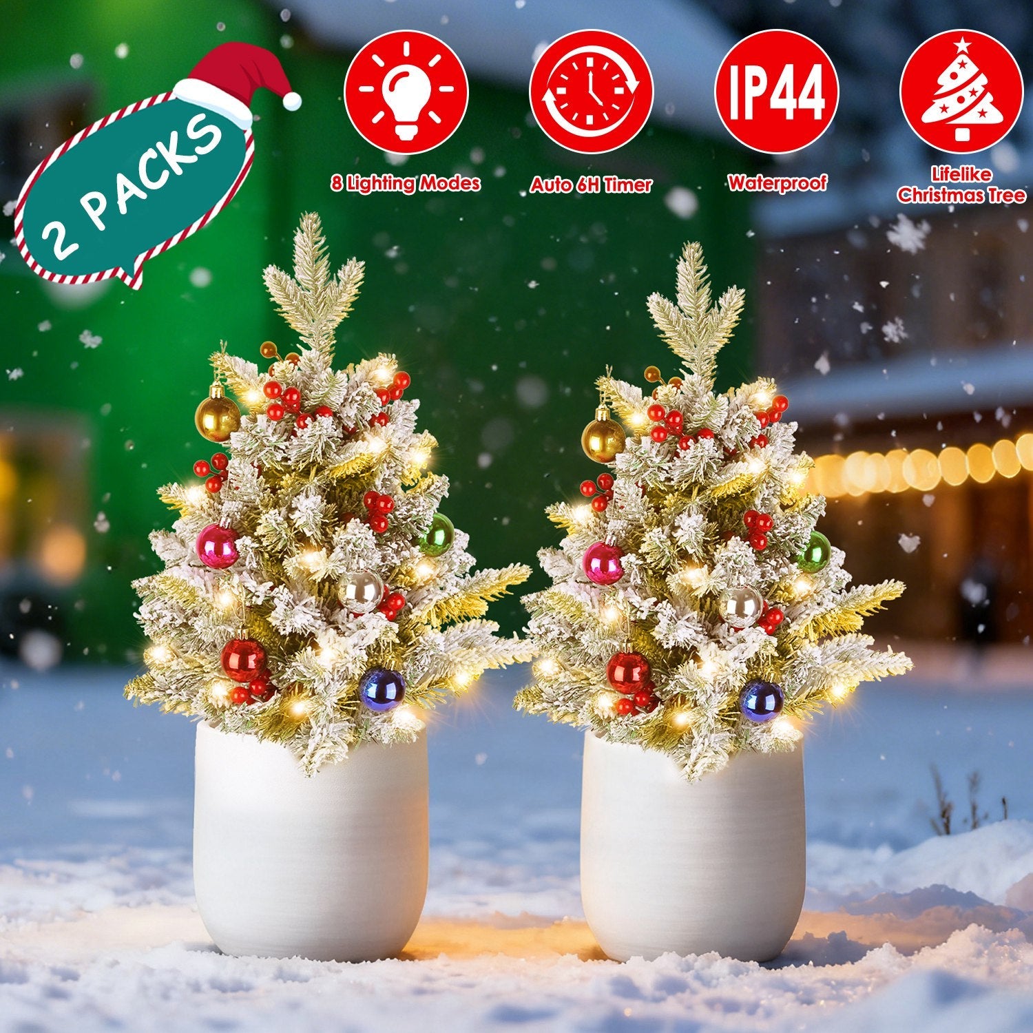 2Pcs Battery Powered Lighted Christmas Tree Urn Filler With Light Artificial Xmas Trees Light with Berries Balls LED Pathway Pine Tree IP44 Waterproof