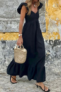Black V Neck Flutter Sleeve Smocked Bodice High Waist Ruffle Maxi Dress