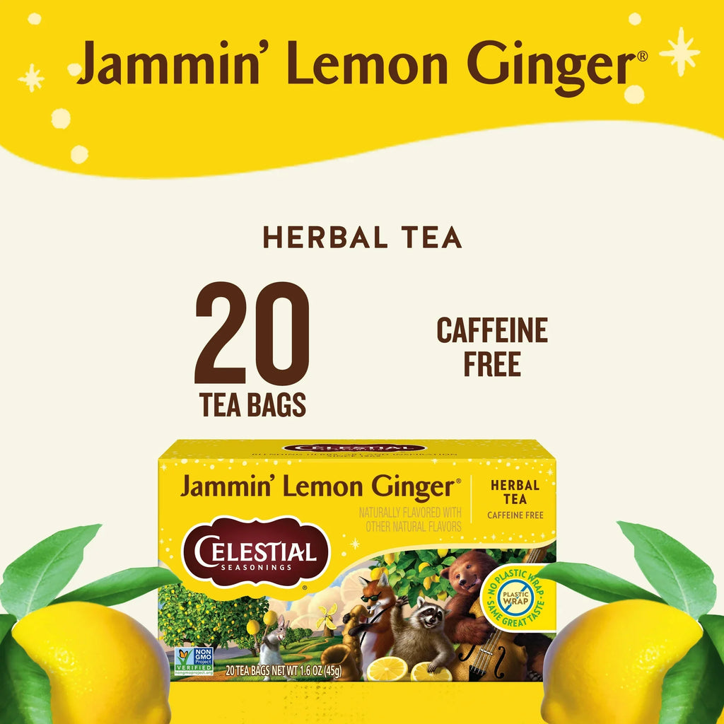 Celestial Seasonings Jammin' Lemon Ginger Herbal Tea, Caffeine-Free, 20 Bags, Case of 6