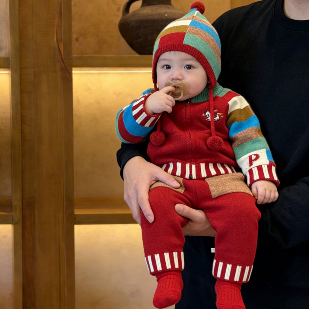Knitted Contrasting-Color Red Sweater Pants And Hat New Year Three-Piece Set