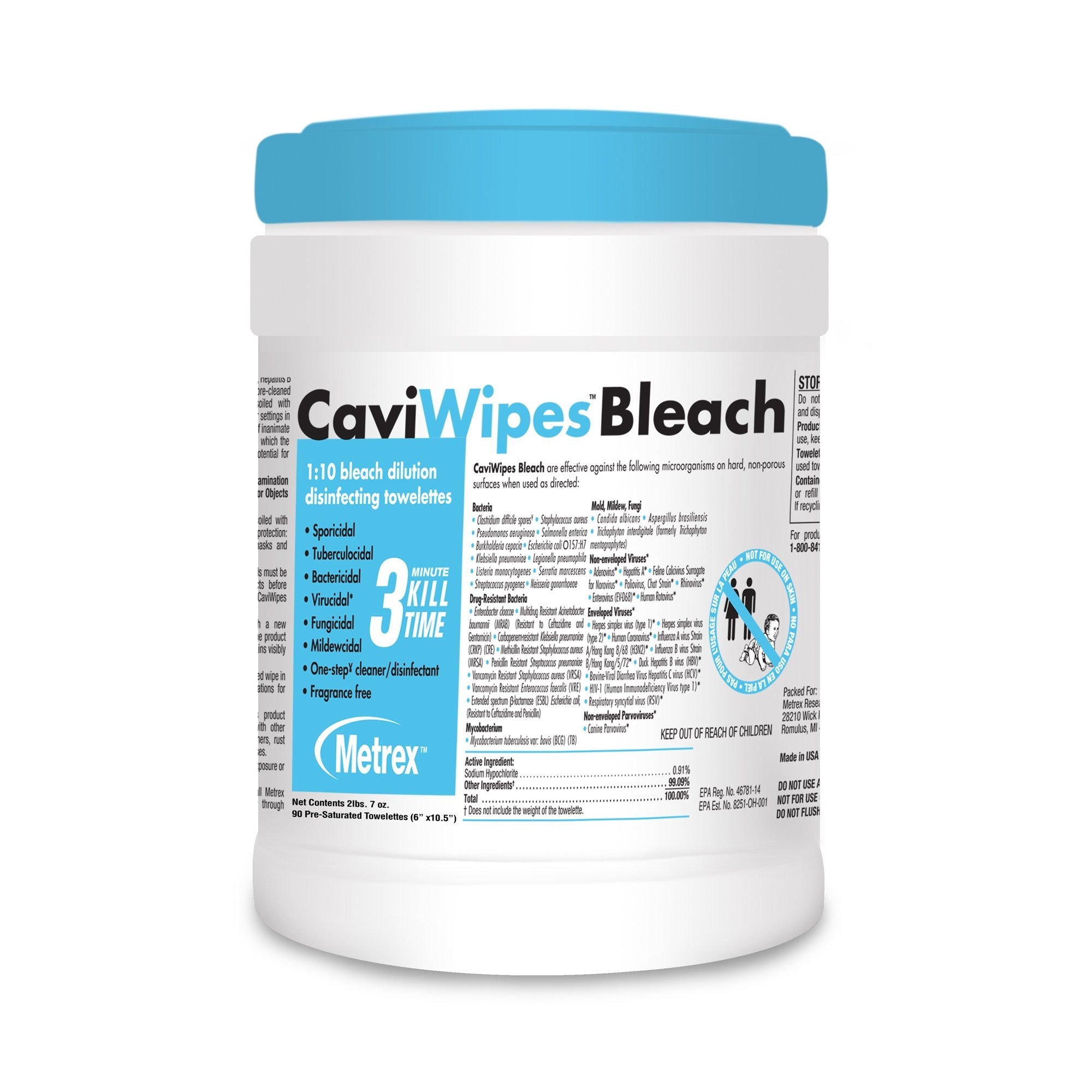 CaviWipes® Bleach Disinfecting Wipes, 6 x 10.5 Inch 13-9100