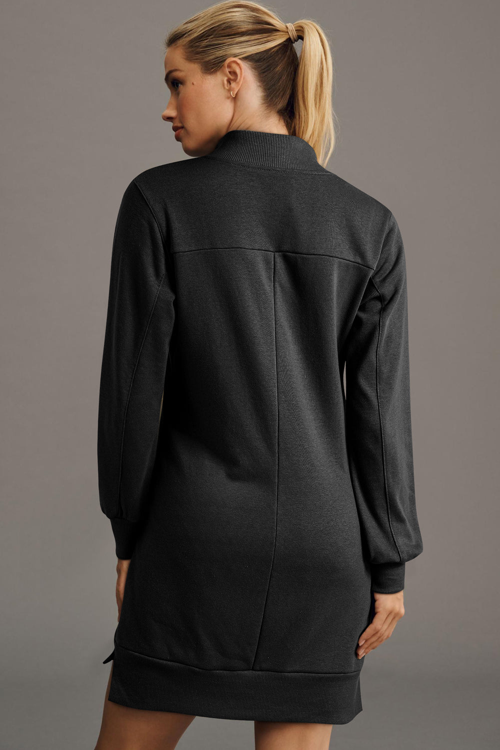 Dark Grey Zip up Collared Ribbed Patchwork Sweatshirt Dress with Pockets