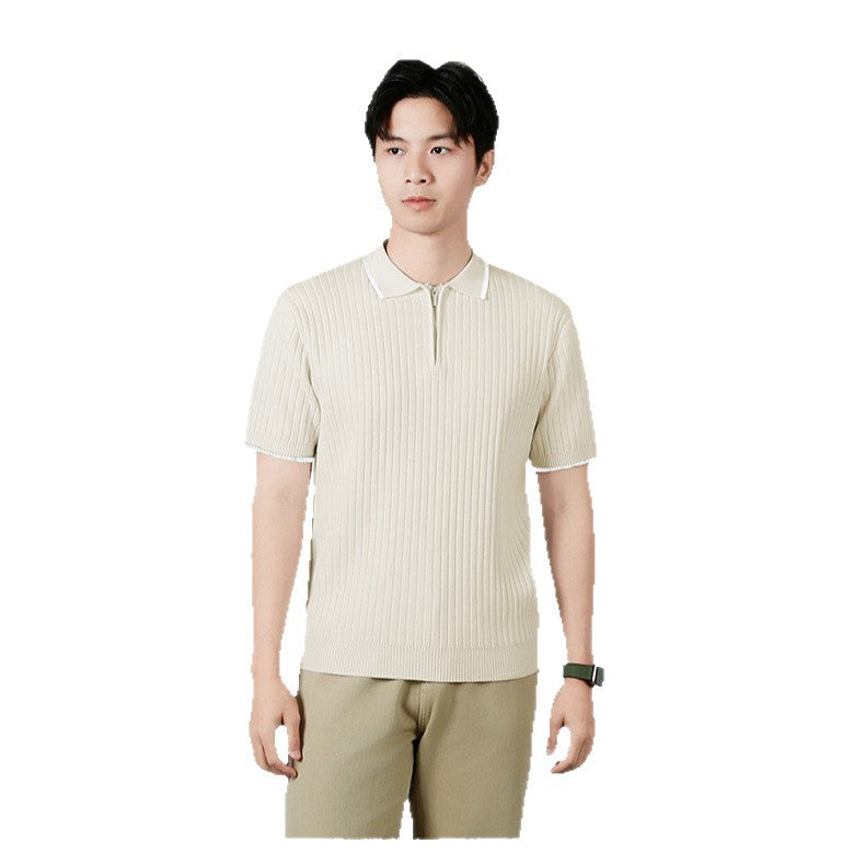 Men's Half-zip Ice Silk Knitted Lapel Vertical Striped Top