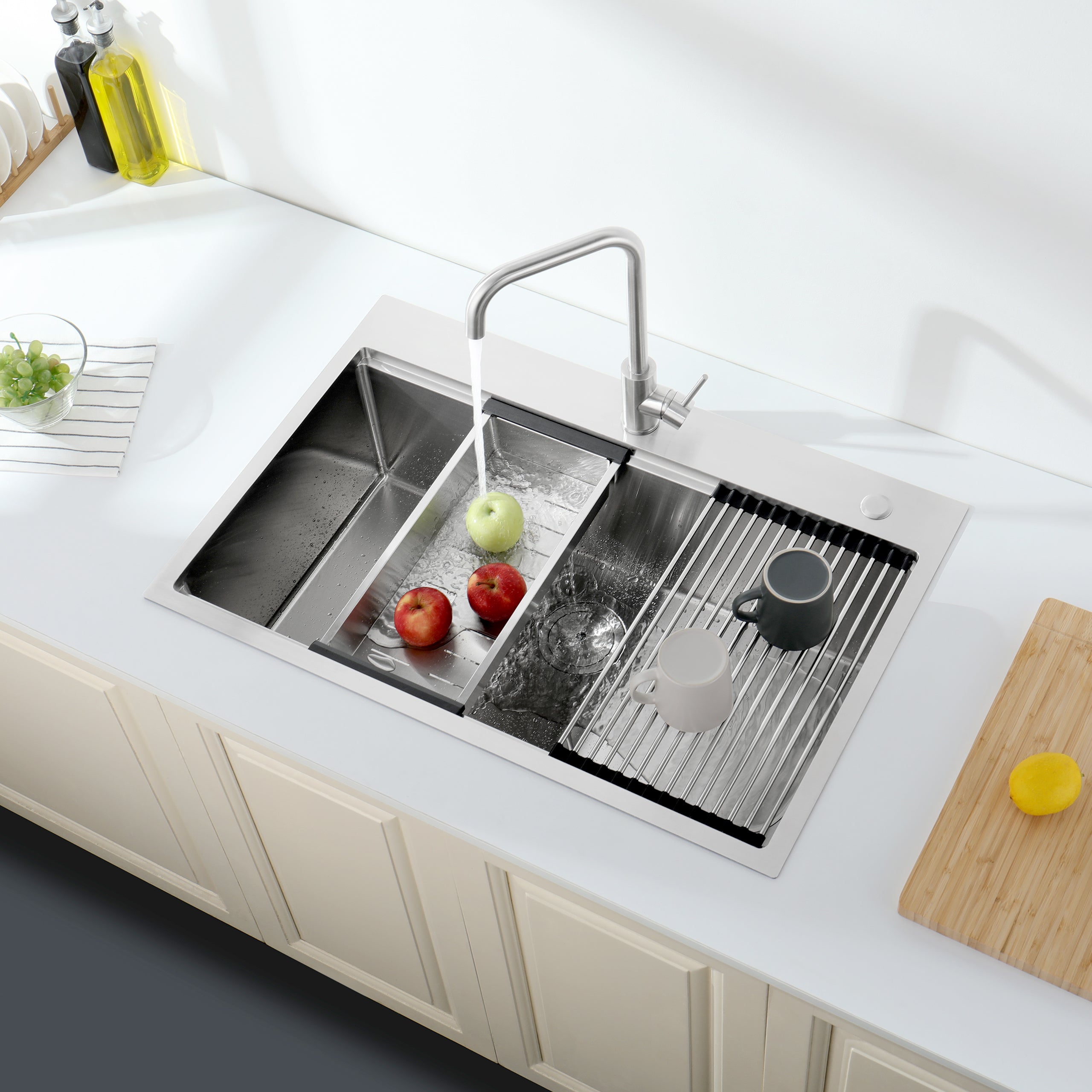 Stainless Steel Kitchen Sink, 33″x22″ Single Bowl, Overmount Handmade Sink in Brushed, with Cutting Board, Colander, Grid, LS-SSBR01