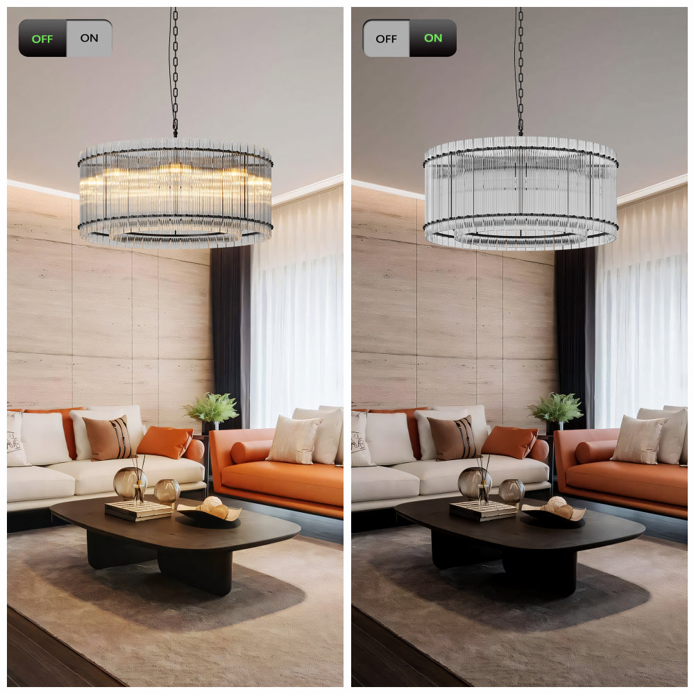 Water Ripple Crystal Glass Chandelier | 8/10-Light Modern Handmade Corrugated Glass Ceiling Light — Black or Gold, Round or Rectangular