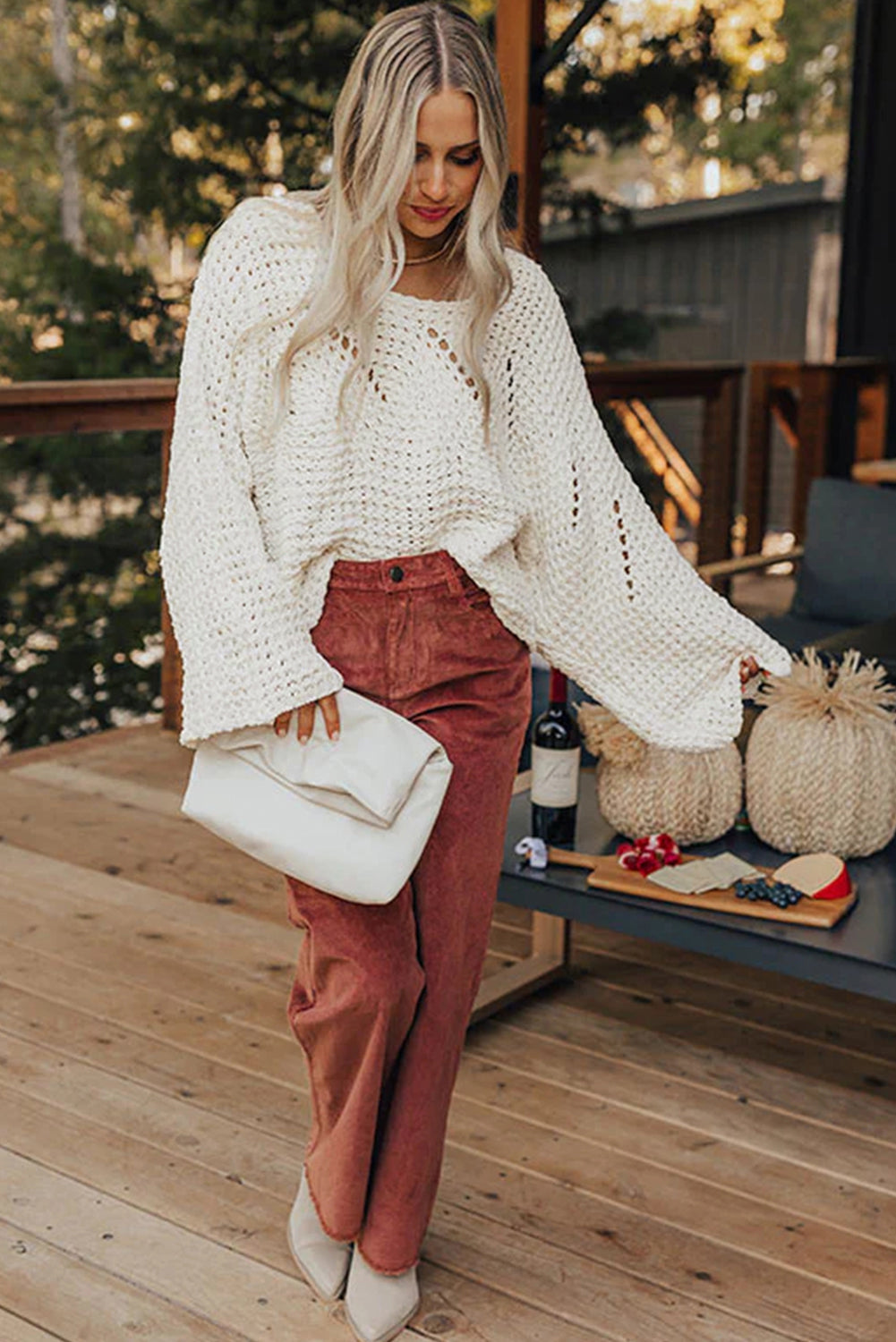 Camel Hollowed Detail Wide Sleeve Loose Pullover Sweater