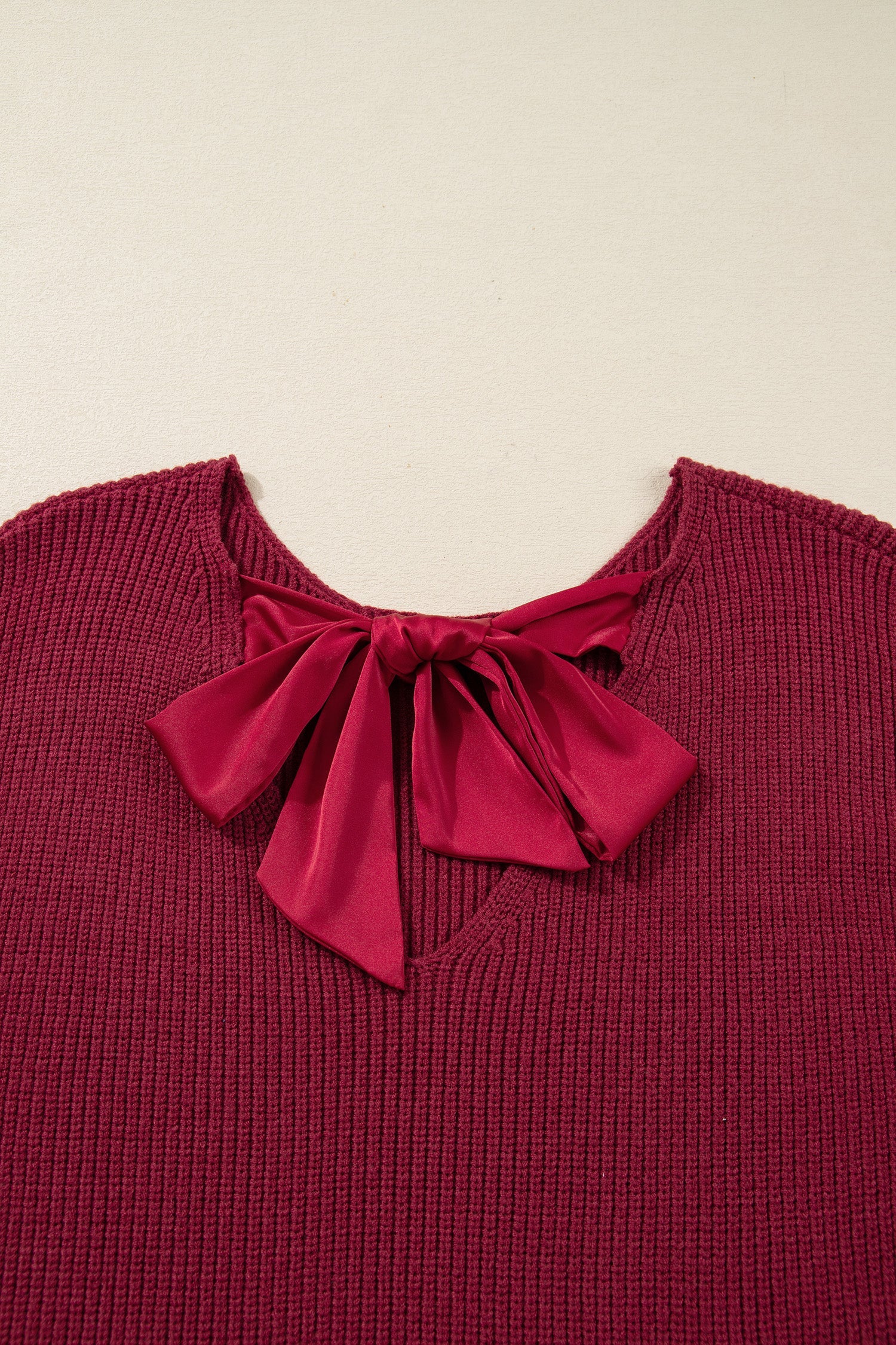 Jet Stream Ribbed Knit Ribbon Knot Backless Drop Shoulder Sweater