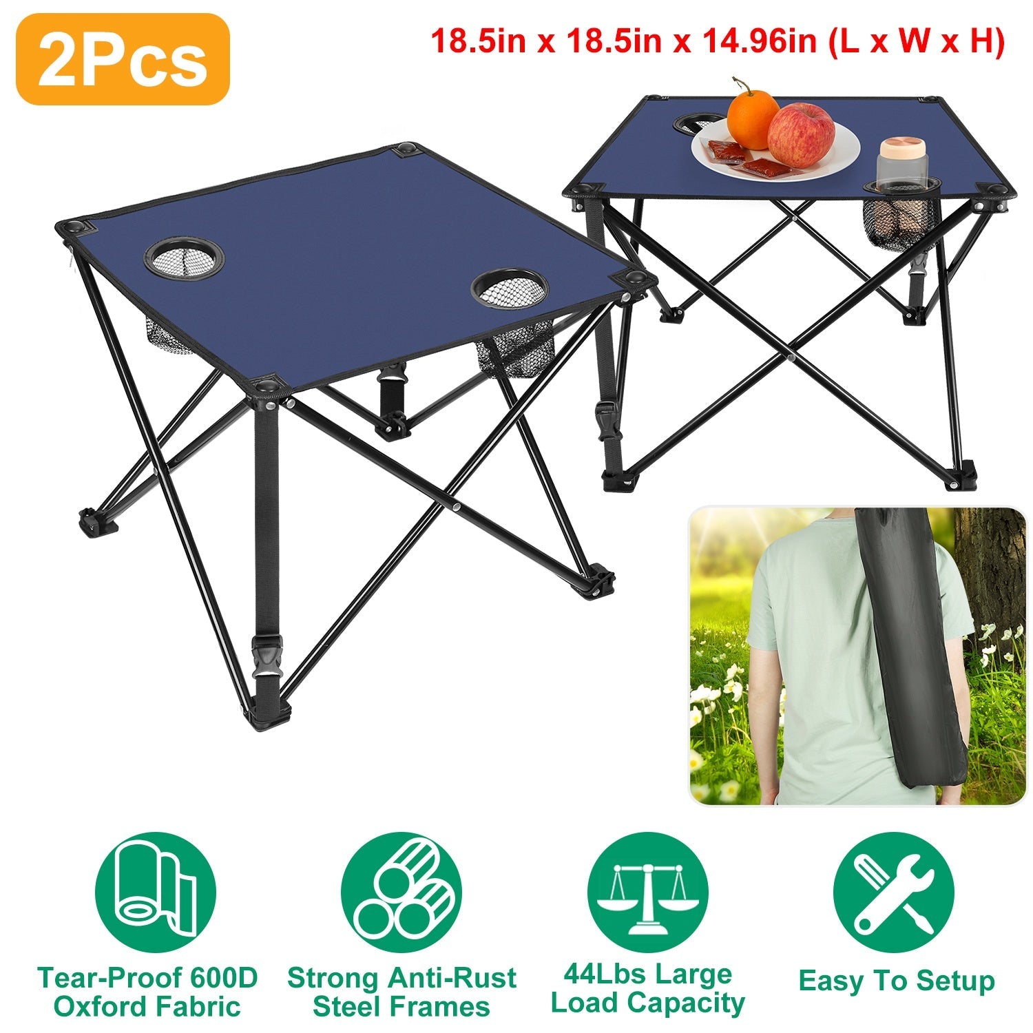 2Pcs Foldable Camping Table Portable Picnic Table Lightweight Travel Desk with 2 Cup Holders/Table Carrying Bag