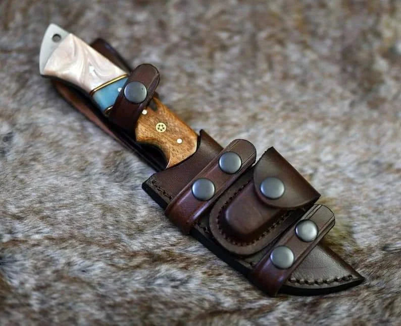 DAMASCUS EVOKE HOOK KNIFE, Rose Wood & TURQUOISE HANDLE Overall 6.25” - PhishStones Products