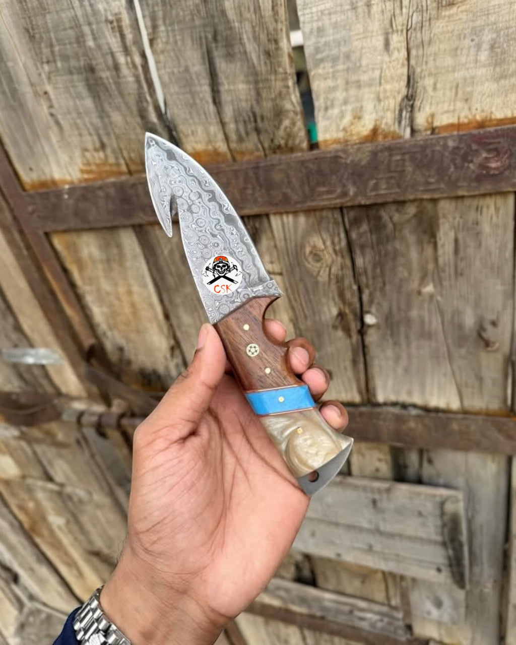 DAMASCUS EVOKE HOOK KNIFE,Rose Wood & TURQUOISE HANDLE - PhishStones Products