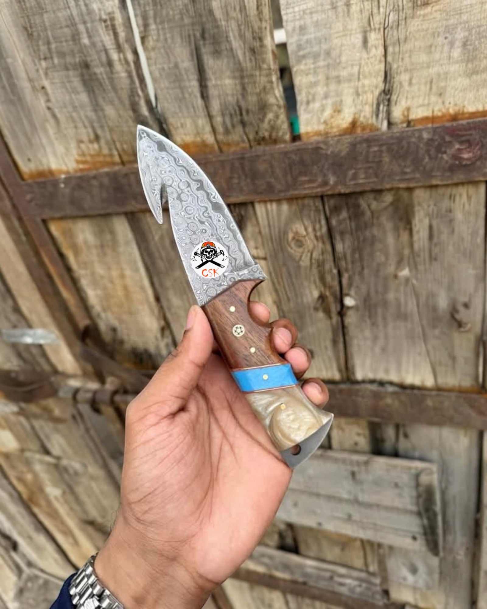 DAMASCUS EVOKE HOOK KNIFE,Rose Wood & TURQUOISE HANDLE - PhishStones Products