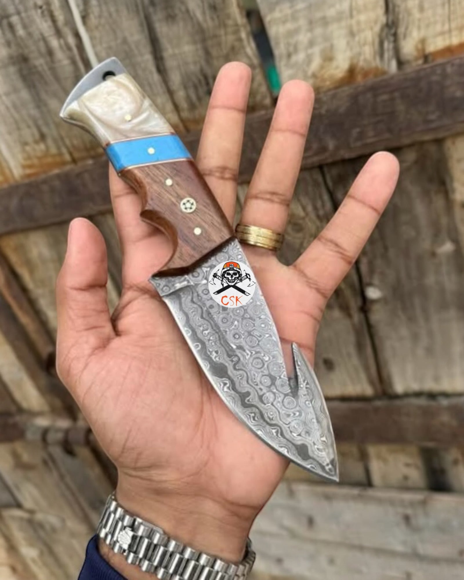 DAMASCUS EVOKE HOOK KNIFE,Rose Wood & TURQUOISE HANDLE - PhishStones Products