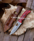 Damascus Heart Knife – Custom Hunting Blade with Red Resin Handle & Leather Sheath - PhishStones Products