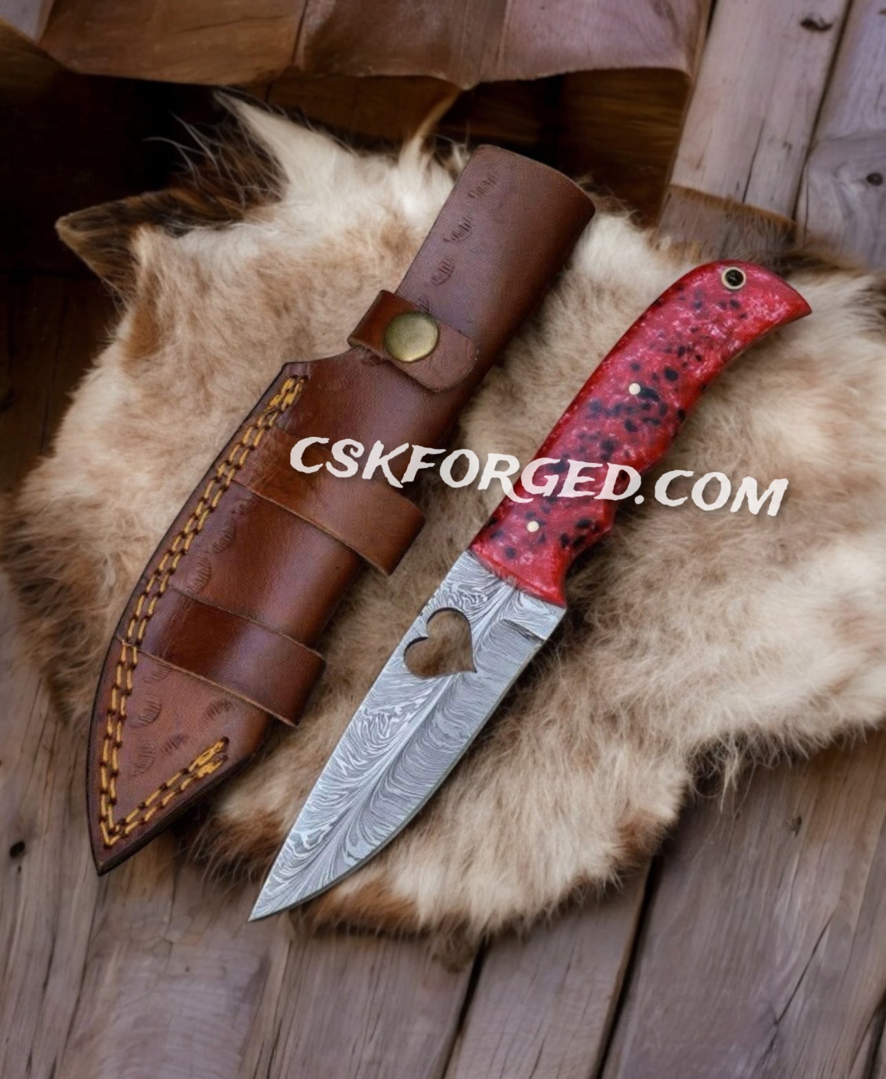 Damascus Heart Knife – Custom Hunting Blade with Red Resin Handle & Leather Sheath - PhishStones Products