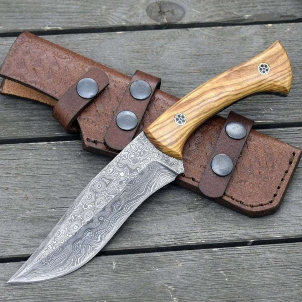 DAMASCUS Hunting KNIFE WITH EXOTIC OLIVE WOOD HANDL - PhishStones Products