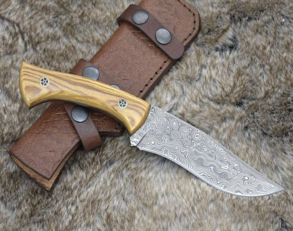 DAMASCUS Hunting KNIFE WITH EXOTIC OLIVE WOOD HANDL - PhishStones Products