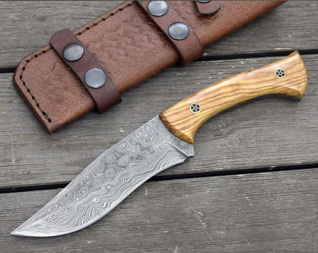 DAMASCUS Hunting KNIFE WITH EXOTIC OLIVE WOOD HANDL - PhishStones Products