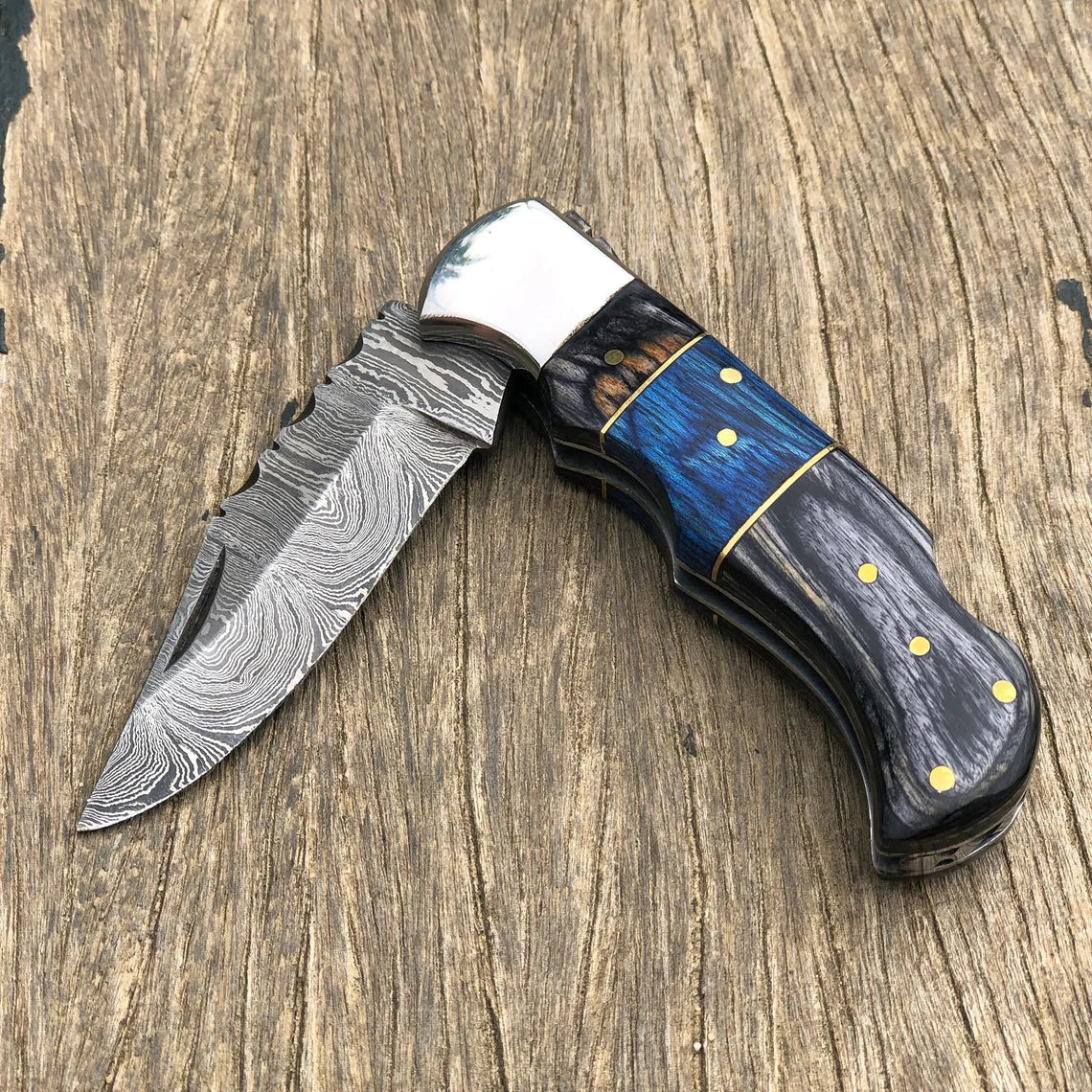 DAMASCUS POCKET FOLDING KNIFE CUSTOM POCKET KNIFE HANDMADE 6 1/2" - PhishStones Products