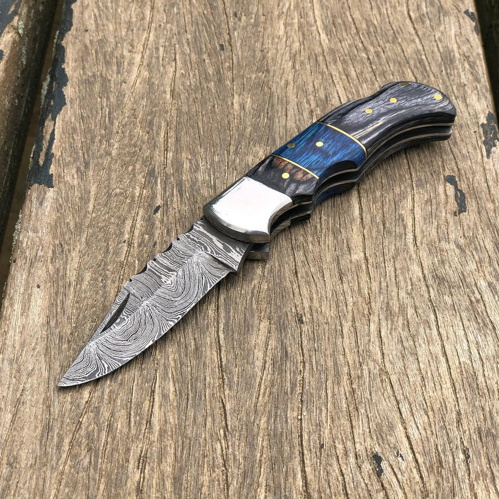 DAMASCUS POCKET FOLDING KNIFE CUSTOM POCKET KNIFE HANDMADE 6 1/2" - PhishStones Products